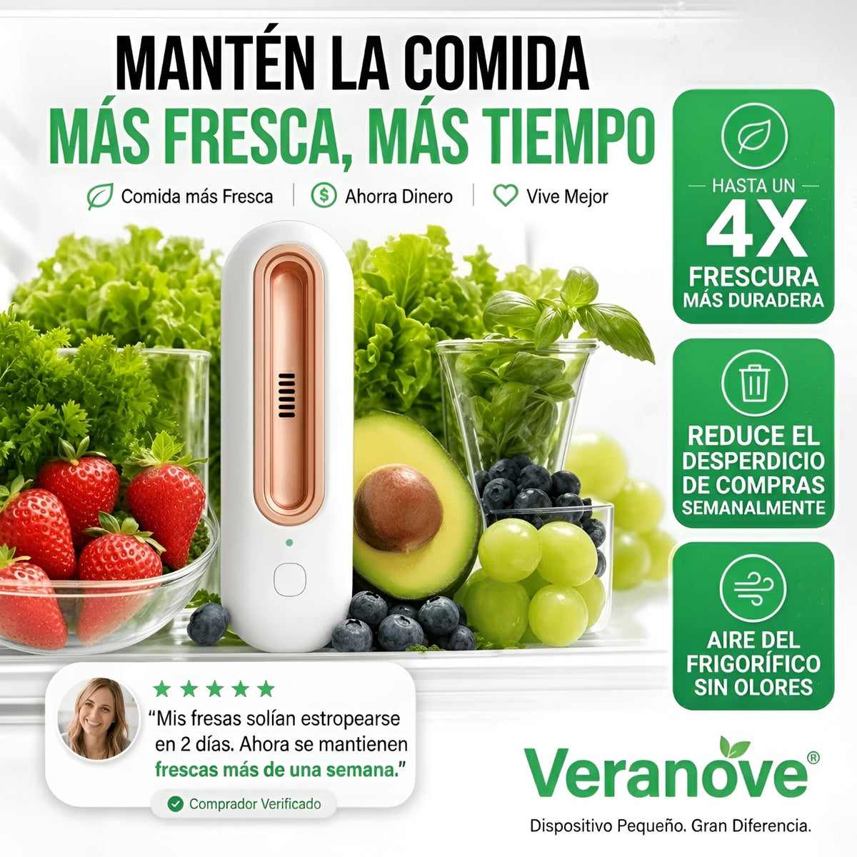 veranove™ Mantiene los alimentos frescos 4 veces más tiempo y reduce drásticamente tu factura del supermercado.